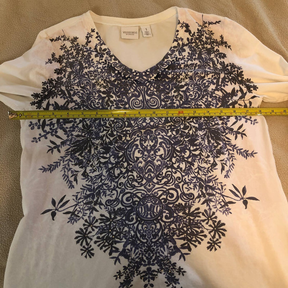 Weekends by Chico's Shirt Women 1 Medium Long Sleeve Rhinesone Floral Cotton Top - Picture 13 of 14